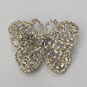 Clear Rhinestone Butterfly Pin Brooch Silver Tone Glam Costume Statement Pretty